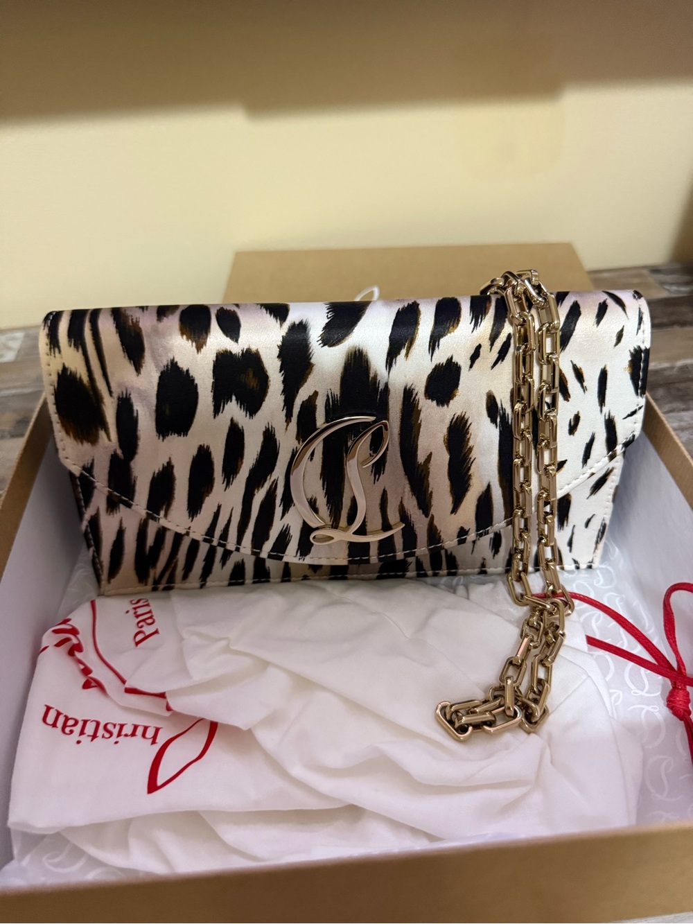 Christian Louboutin Leopard Print Satin Clutch in Pink and Black with Gold Chain - Picture 2 of 3